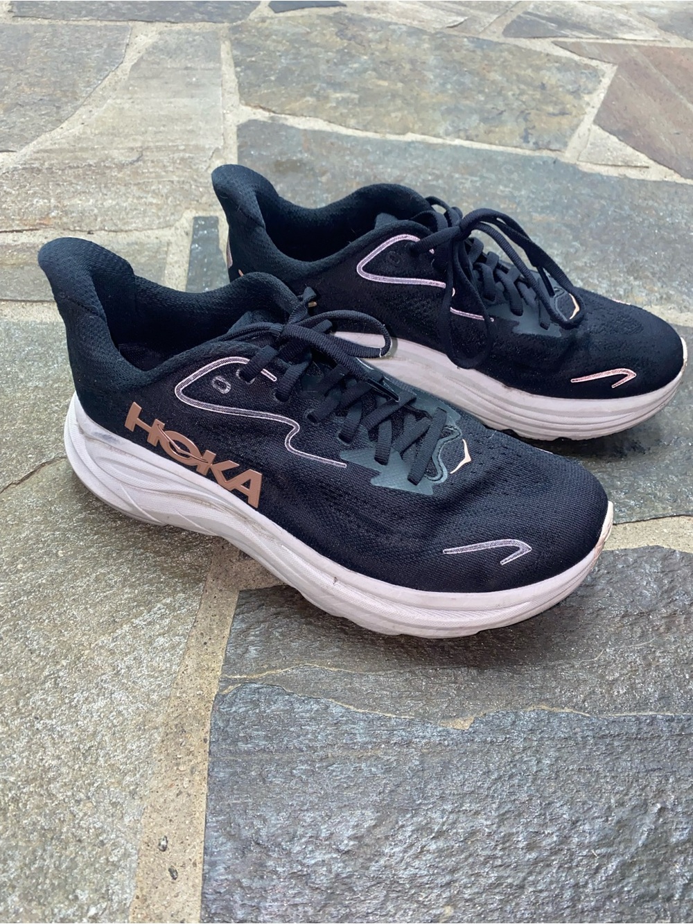 HOKA Clifton 10 Black Running Shoes with Rose Gold Accents